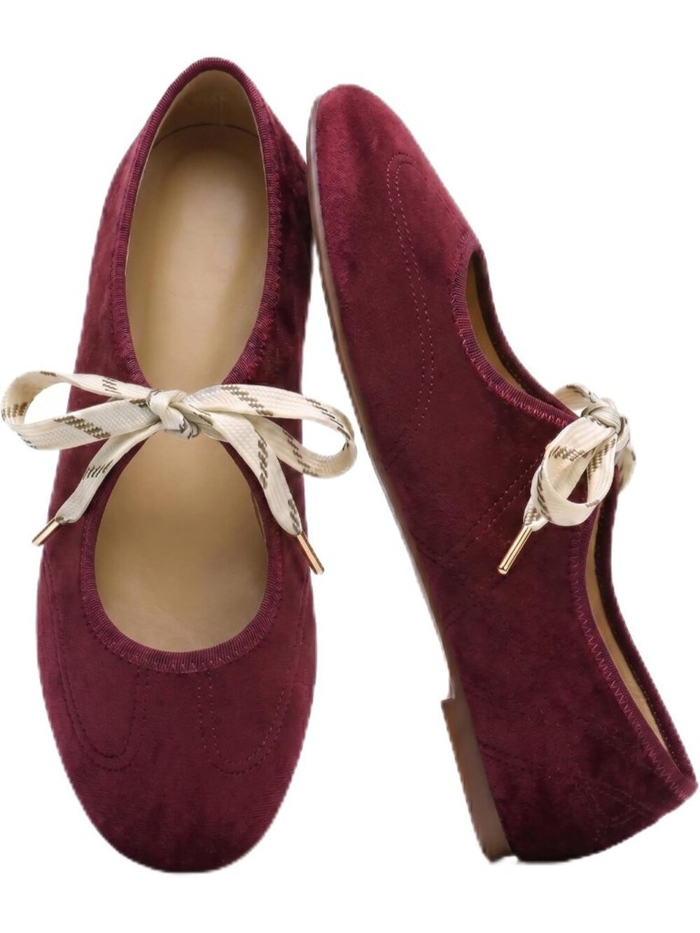 Women's Burgundy Round Toe Mary Jane Ballerina Lace Up Ballet Flat Sneaker Shoes